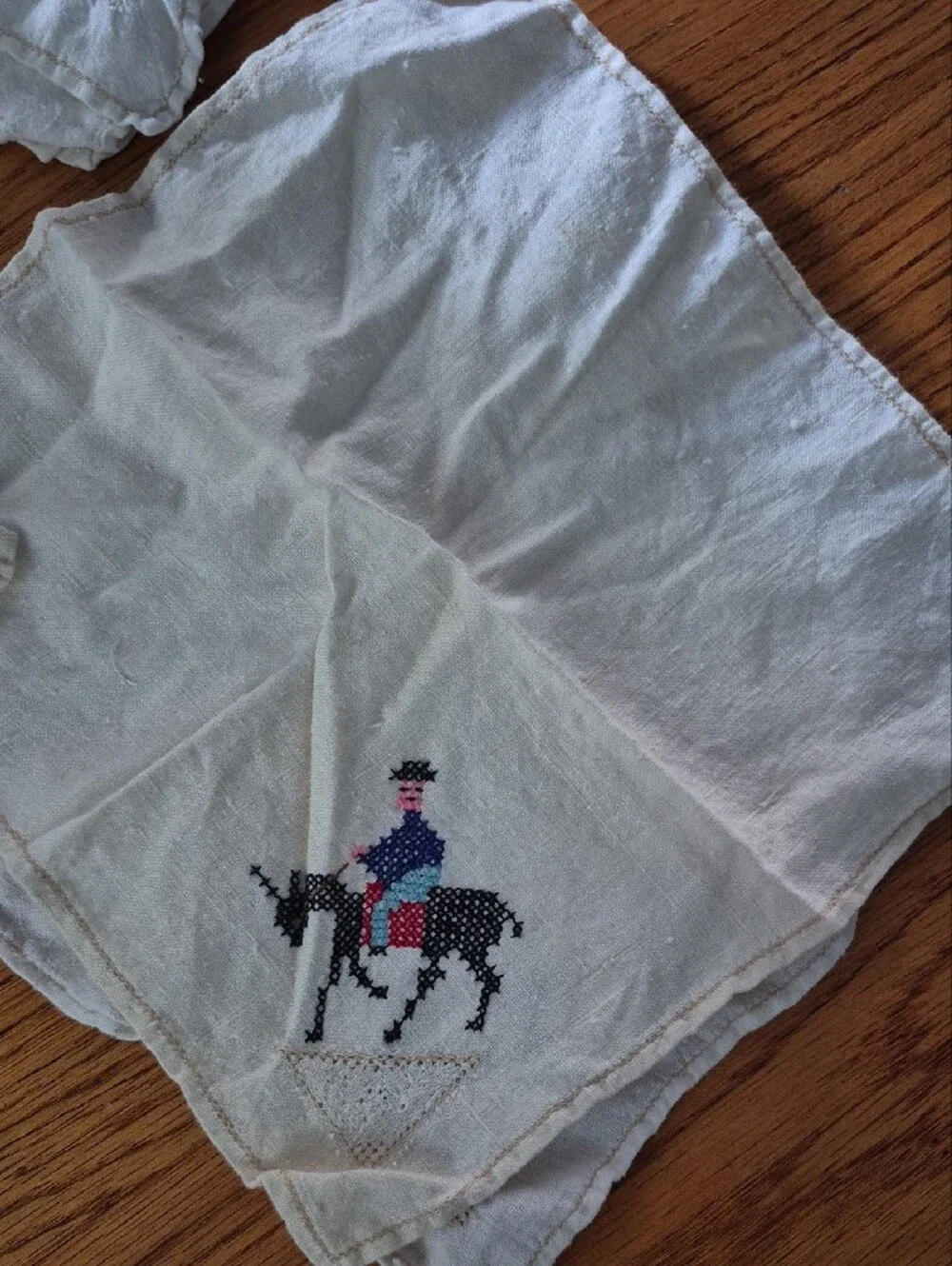 White Embroidered Horse & Rider Linen Napkin